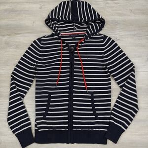 Tommy Hilfiger Navy and White Striped Hoodie with Red Trim